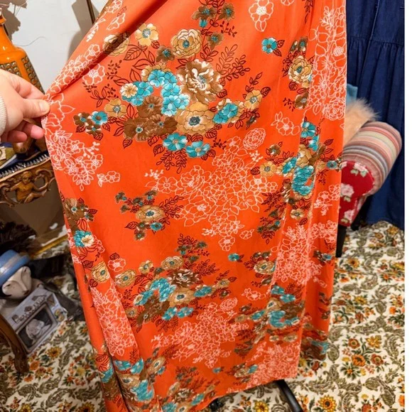 Vintage 70s Coral Orange Floral Maxi Dress Ruffle Flutter Sleeve Boho Size 10 - Picture 5 of 9